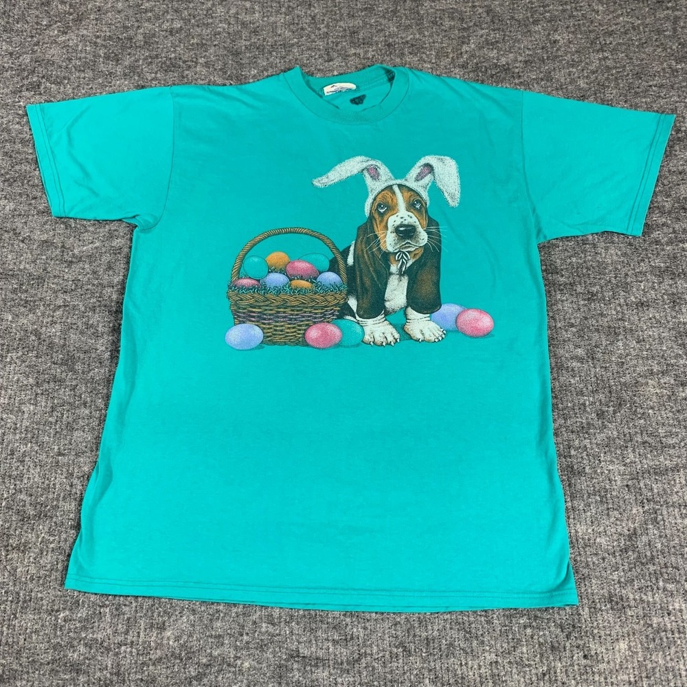 VTG Basset Hound T Shirt Mens Large Green Short Sleeve Easter Retro Y2K Funny